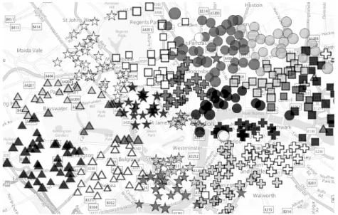 Fig. 3: Clusters of source stations: each station is represented by a symbol whose shape and level of gray is specific to the corresponding source cluster.