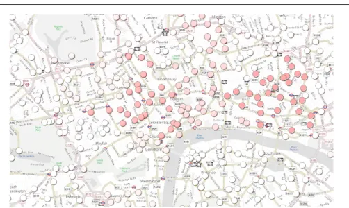 Fig. 4: Destination cluster contributions to the mutual information between the source cluster ’Waterloo/King’s Cross’ (stations drawn using stars) and all the destination clusters