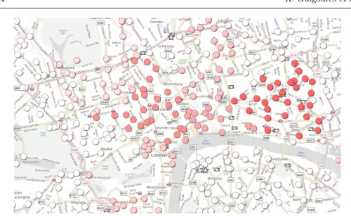 Fig. 5: Each station is colored according to the contribution of its destination cluster and of the source cluster Waterloo/King’s Cross (stations drawn using stars) to the mutual information between the source/destination pairs and the time segments.