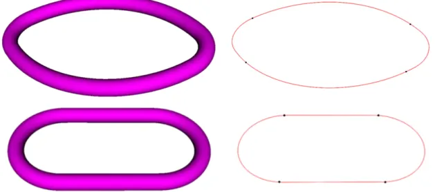 Figure 6: Convolution surface modeling a smooth chain ring. Top row: modeling with arcs of circle only; bottom: arcs of circle and line segments
