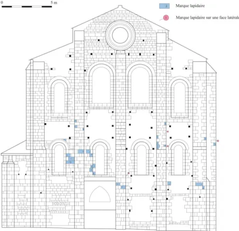 Fig. 2 Ŕ Sainte-Foy de Conques, relevé des marques lapidaires hors des zones de couvrement, façade  nord du transept
