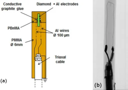 Figure 1: (a): Schema of water-equivalent SCDDo. (b): X-rays radiography of the device