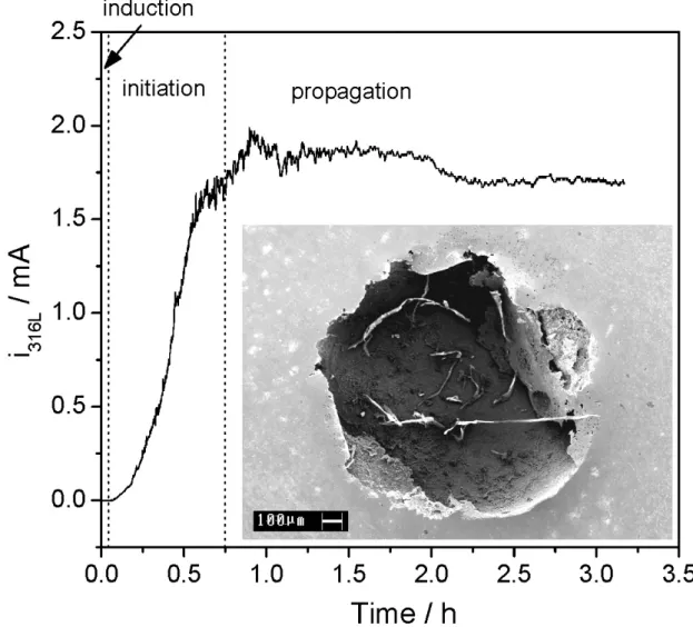 Figure 4. Evolution of the current generated by a single pit on a 316L substrate in 0.5 M  H 2 SO 4 