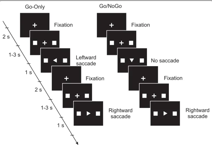 Figure 1 Schematic representations of the stimulus display sequence and the oculomotor task in the Go-Only sessions and in the Go/NoGo sessions