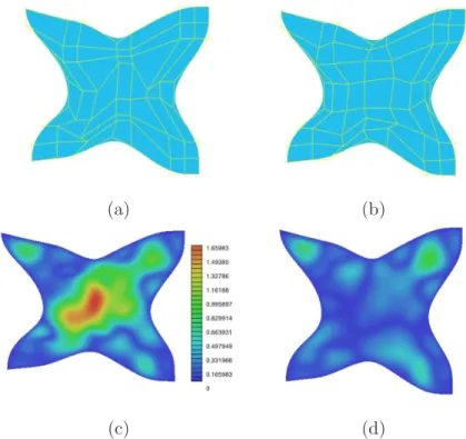 Fig. 8. Example II of r-refinement method: (a) initial computational domain; (b) final computational domain ; (c) initial simulation error; (d) final simulation error with same scale.