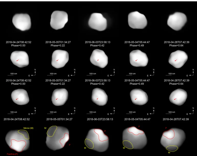 Fig. 1. First row: VLT/SPHERE/ZIMPOL images of Psyche obtained at five different epochs (ordered by rotation phase) and deconvolved with the Mistral algorithm and a parametric PSF with a Moffat shape (Sect