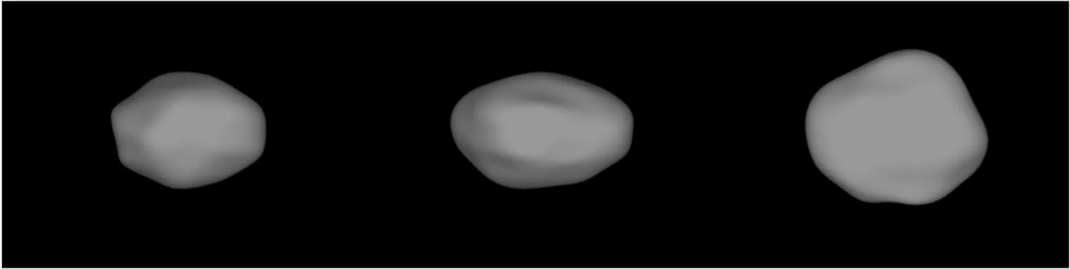 Fig. A.3. Shape model of Psyche. Viewing directions are from positive x, y, and z axes, respectively.