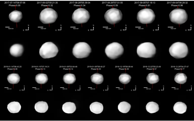 Fig. 2. Comparison between VLT/SPHERE/ZIMPOL deconvolved images of Interamnia (second and fourth rows) and the corresponding projec- projec-tions of our ADAM shape model (first and third row)
