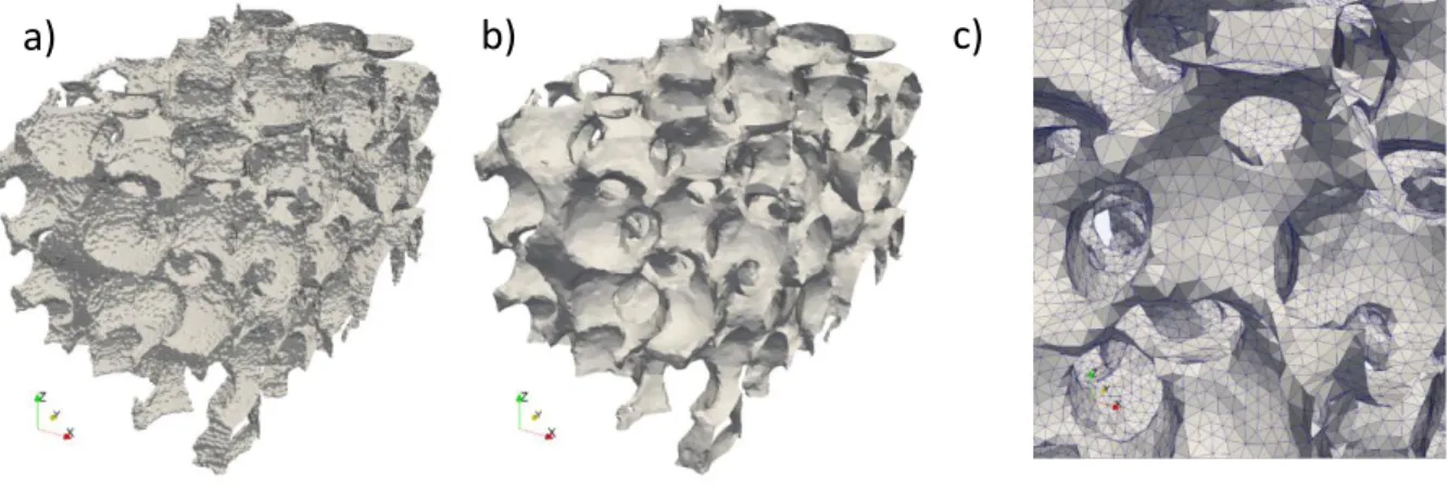 Fig. 14. (a) Extraction of the iso-surface by a Simplified Marching Cube algorithm, (b) smoothed surface after remeshing,  (c) zoom on a part of the surface mesh