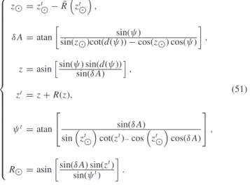 Fig. 2 shows the absolute differences in milliarcsec (mas) be- be-tween the approximate formulae and the exact integral evaluation for zenith distances up to 80 ◦ 