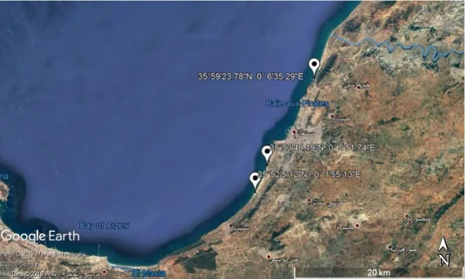Figure 3. Photographie de la zone d’étude (position des trois sites). Source : Google earth 2018