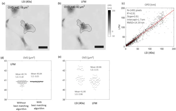 Fig. 4. Comparison between LSI(40×) and LFM. (a) OPD map of a fixed COS-7 cell obtained with LSI(40×)