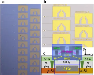 Fig. 1. Optical micrograph images of waveguide-integrated pin photodetectors  with  lateral  silicon-germanium-silicon  hetero-junctions:  (a)  Full  array  of  devices  and  (b)  close-up  view  of  some  structures