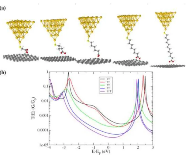 Figure 6 : (a) Atomic representation of the Au-S-(CH 2 ) n -COOH-graphene junctions calculated in  DFT