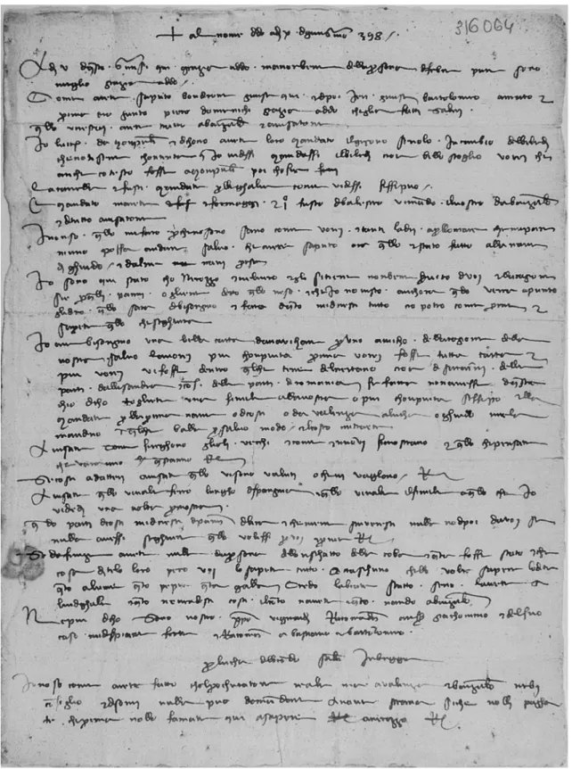Fig. 3. Letter from the merchant Luca del Biondo written on 10 June 1398 from Bruges, where he had decided to stay in retirement, asking for a ‘ beautiful ’ nautical chart that would include the parts of the Byzantine Empire he had visited on his ﬁ nal voy