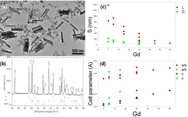 Figure 3. NaYF 4 nanoparticles (a) TEM image with small cubes (α-NaYF 4 ) big nanorods (β-NaYF 4 ) (b) typical X-Ray pattern of these particles (c) TEM NPs sizes S (L = lenght, D = diameter) and (d) cell parameter dependences vs Gd nominal doping with blue
