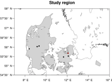 Figure 1. The study region of Denmark (land masses in grey), with the location of the five EC sites shown in black and the Risø campus tall tower site indicated in red.