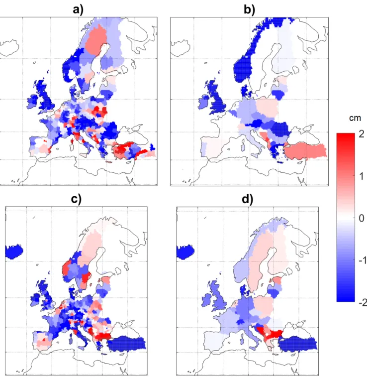 Figure 4. Differences in maximum yearly snowfall (SF) for two periods (average 1979-1998 subtracted from average 1999-2018) for the ERA5 (a,b), E-OBSv20.0e (c,d) data-sets