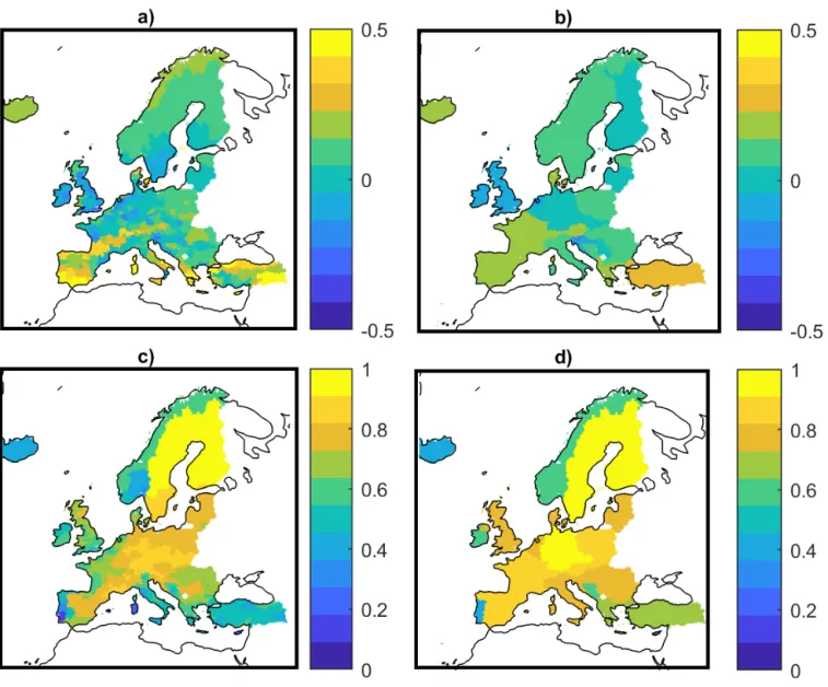 Figure 5. a,b) Symmetric percentage error ς on average snowfall c,d) Correlation coefficient R 2 for the SF daily snowfall time-series for ERA5 and E-OBSv20.0e
