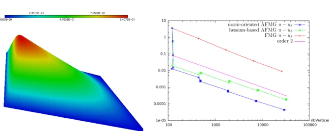 Figure 1: Fully 2D Boundary layer test case : (a) sketch of the solution, (b) convergence of the error norm |u − u h | L 2 as a function of number of vertices in the mesh for (+) non-adaptative FMG, (×) Hessian-based adaptative FMG, (∗) norm-oriented adapt