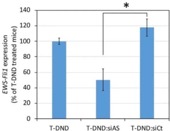 Figure 4. Inhibition of EWS-FLI1 expression in tumor xenografted on mice treated for 24 h by siRNA  vectorized by tritiated DND (T-DND) at a mass ratio of 5:1 (T-DND:siRNA)