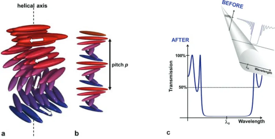 FIGURE 1.  (a) Helical structure of rod-like molecules in the cholesteric phase [Adapted with permission from a figure by C