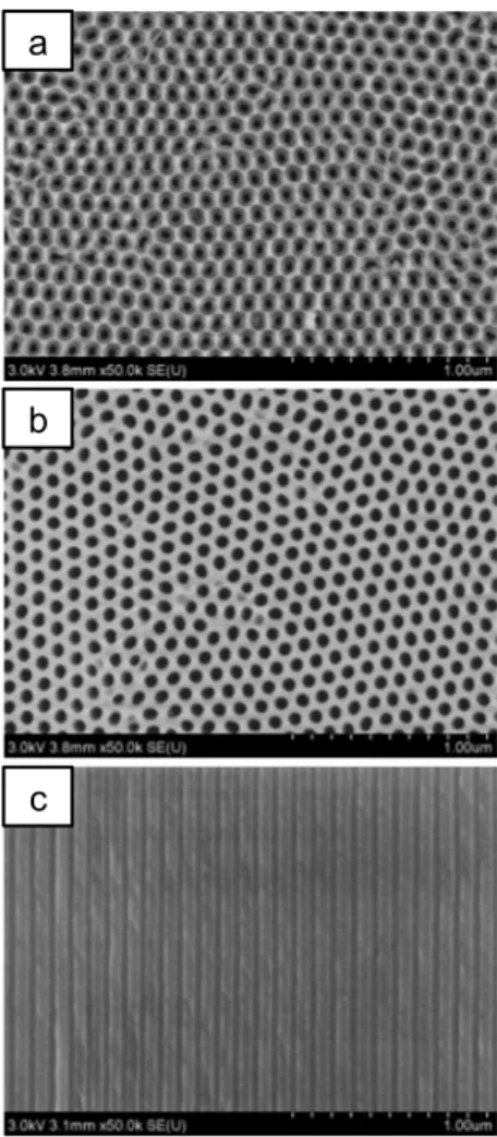 Figure 1. SEM image of a detached AAO membrane prepared  in  0.3  M  oxalic  acid  under  40  V:  a)  top  surface,  b)  bottom  surface, c) section view