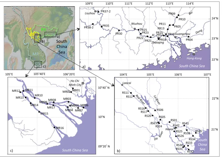 Figure 1. Schematic maps of the three rivers showing the location of the studied sites