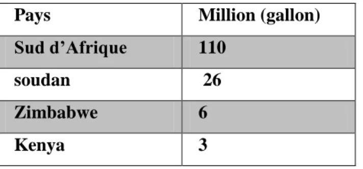 Tableau I.6 : Pays africains producteurs de bioéthanol 