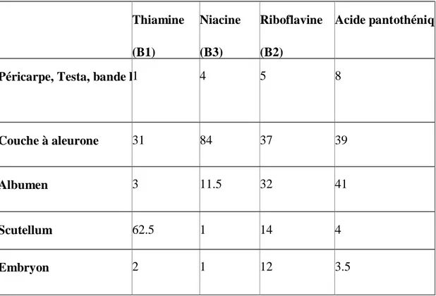 Tableau 3 : Distribution de la vitamine du groupe B (g / 100 grs) dans les différentes parties du grain de  blé (Manay et Shadaksharaswamy, 2001)