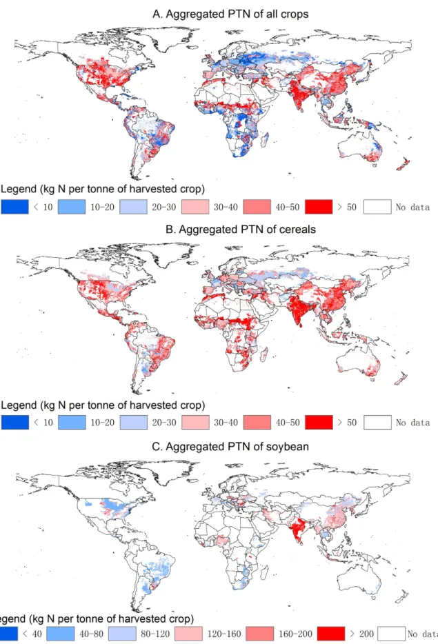 Figure 4.  Spatial distribution of the product TN (PTN) of all crops combined, of cereals, and of soybean