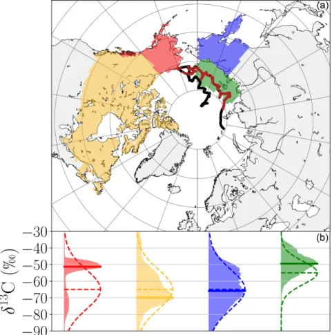 Figure 3. (a) Map of regions constrained by the observations in the inversion. For land regions, only wetlands are constrained