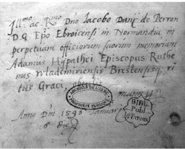 Fig. 2: Hipacy Pociej’s dedication to Jacques Davy Du Perron. Bibliothèque-médiathèque  Rolland-Plaisance d’Évreux, fonds patrimonial, Ms