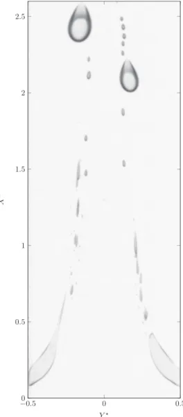 FIG. 13. Attached “tadpole” cavities top view captured at Re = 968 and σ = 7.86. Two recirculating bubbles (2 > X ⋆ > 2.5) reach back the Venturi throat.
