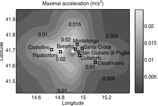 Figure 4. Location of maximum acceleration areas compared to the location of villages having experienced a seismic intensity superior or equal to VII.