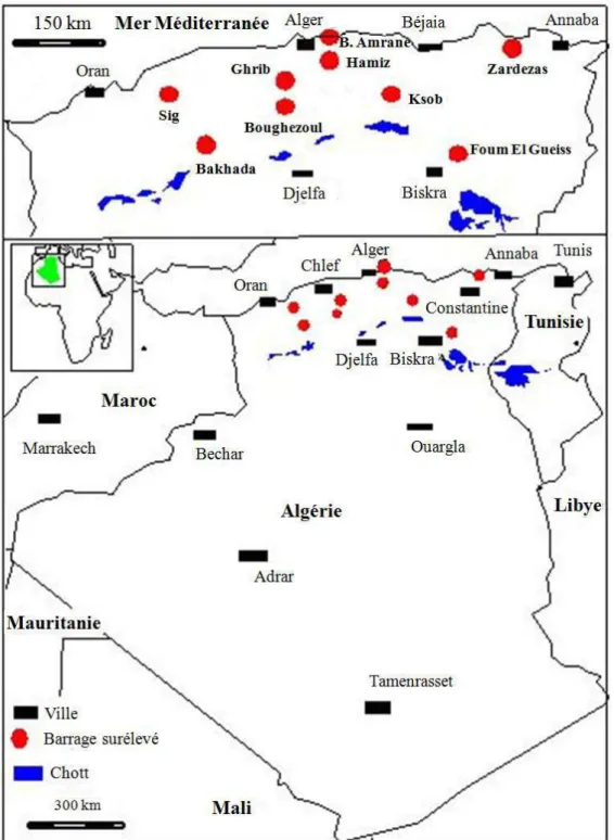 Figure I.14. Situation des barrages surélevés [Remini, 2008]. Chott est une zone  humide située en bordure d'une sebkha 