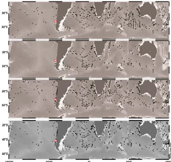 Figure 1. Map of core tops compiled in the different databases. ( ﬁ rst panel) The MARGO database; (second panel) the French database; (third panel) Cortese ’ database, and (fourth panel) the new SHO database