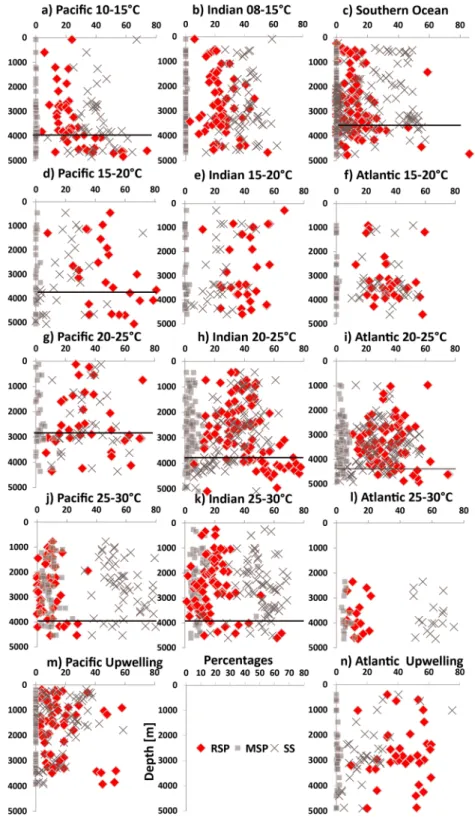 Figure 2. Plots of the percentages of the dissolution-sensitive species, SS (crosses); moderately sensitive species, MSP (squares); and dissolution-resistant species RSP (diamonds)