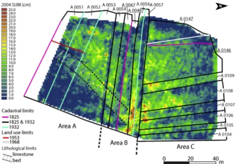 Fig. 9. Cadastral limits overlain on the 2004 erosion map. (For interpretation of the references to color in this ﬁgure legend, the reader is referred to the web version of this article.)