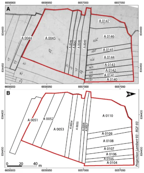 Fig. 5.Cadastral maps of study area, dating from 1825 (A) (Napoleonic cadastre, AD21) and 1932 (B) (BD Parcellaire, IGN)