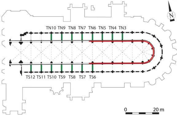 Figure 1. Map of Bourges Cathedral showing the studied iron reinforcements: attic tie-rods in green  and triforium chain in red