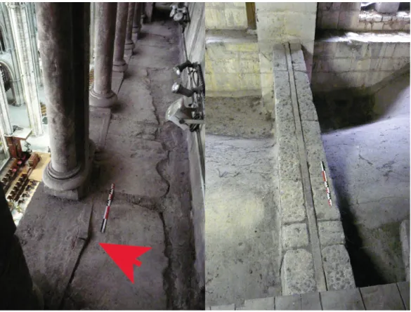 Figure 2. (left) Triforium chain (red arrow). View of the north side in the 2nd bay, (right) Attic tie  rod TN4