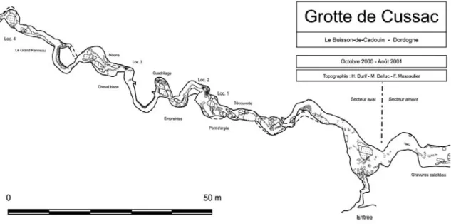 Fig. 2. Grotte de Cussac, extrait de la topographie (H. Durif, M. Delluc F. Massoulier, 2000-2001),  Secteur Aval avec la mention des principaux panneau et des locus à vestiges humains