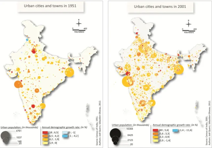 Figure 2: Indian cities and towns in 1951 and 2001.