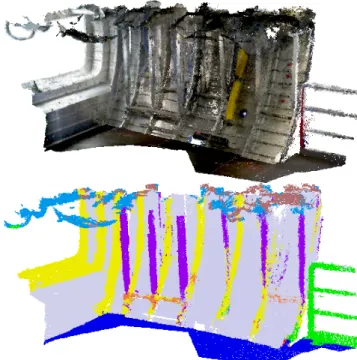Fig. 1: The output of the proposed system. On top, a dense 3D map of an Airbus A350 mock-up, reconstructed in  real-time using a RGB-D sensor