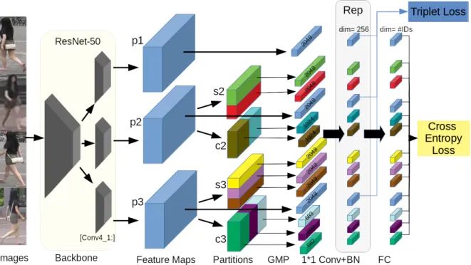 Figure 3. Spatial and Channel Partition Representation network. For the backbone network, we duplicate layers after conv4 1 into 3 identi- identi-cal but independent branches that generate 3 feature maps ”p1”, ”p2” and ”p3”