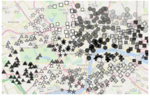 Figure 3 – Clusters de stations source dessinées sur la carte de Londres. Il y a un symbole gris par cluster.