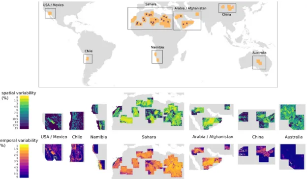 Figure 4. Maps of the a) spatial uniformity at 20 km and b) temporal stability, inferred from MCD43A3  – WSA products at 865 nm and zoomed over large regions of interest 