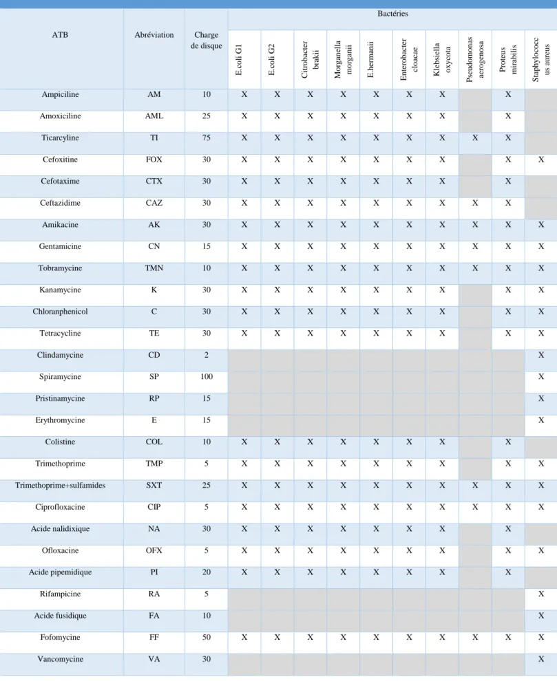 Tableau 1 : Choix des antibiotiques vis-à-vis des bactéries étudiées 