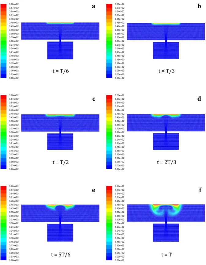 Fig . 4.15  : Contours instantanés de la température dans le domaine de résolution pendant  un seul cycle